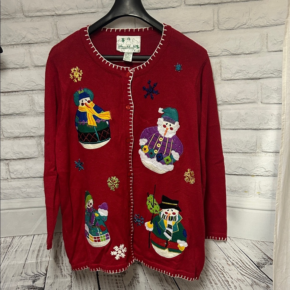 Vintage Quacker Factory Red Snowman Cardigan ugly sweater 1X